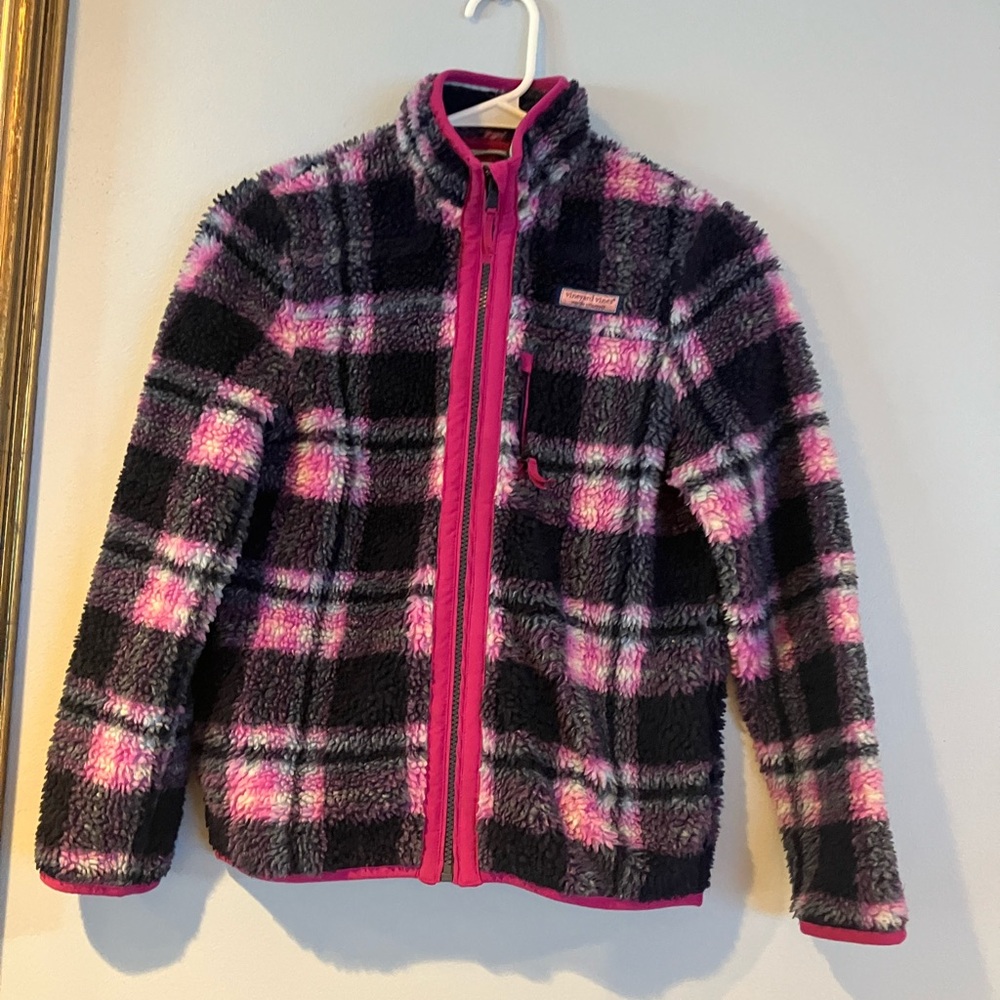 Vineyard Vines Kids Plaid Puffer Jacket in Pink and Navy - Picture 2 of 2